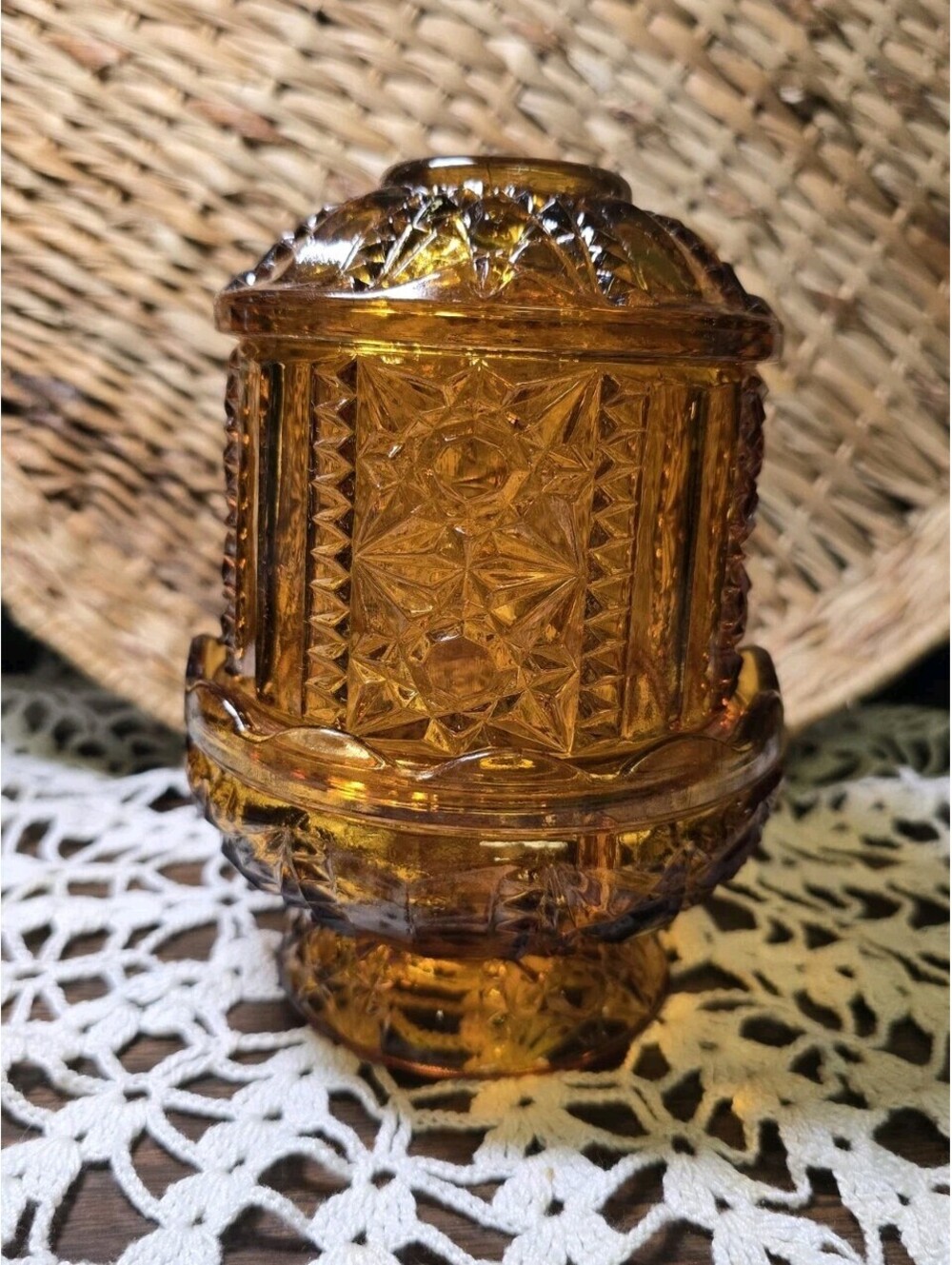 Vintage Indiana Glass 6.5” Amber Stars & Bars Fairy Lamp